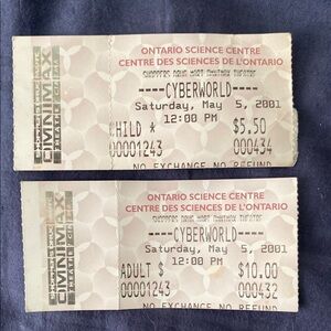 Vintage Ontario Science Centre Ticket Stubs - 2001, Toronto